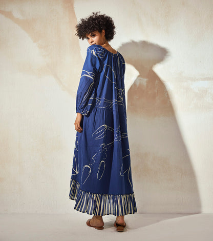 Blue Midi Dress at Kamakhyaa by Khara Kapas. This item is Blue, Endless Summer, Midi Dresses, Mulmul, Natural, Prints, Regular Fit, Resort Wear, Womenswear