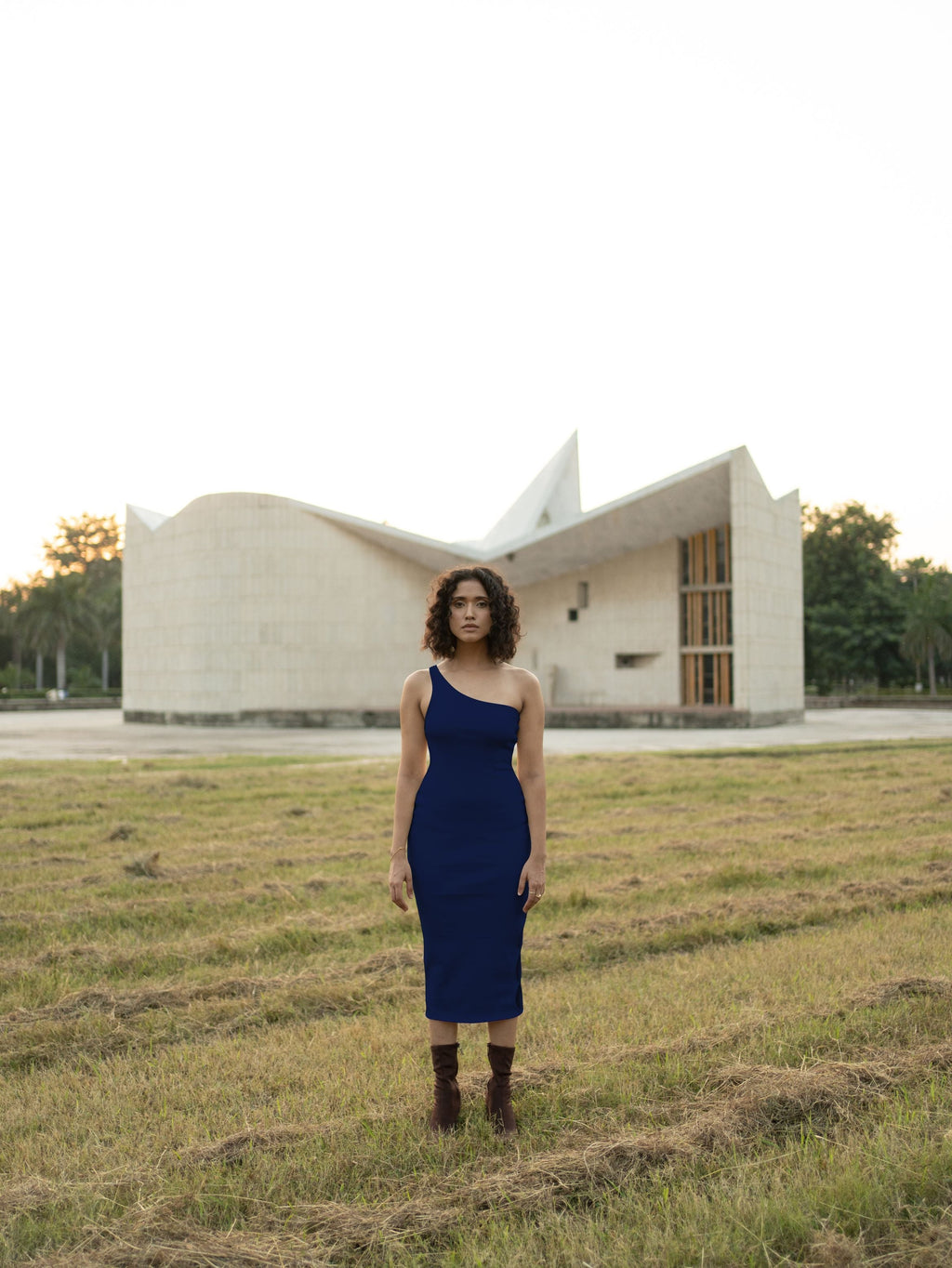 Blue Midi Dress at Kamakhyaa by Meko Studio. This item is Blue, Cotton, Evening Wear, July Sale, July Sale 2023, Midi Dresses, One Shoulder Dresses, Slim Fit, Solid Selfmade, Solids, Tranquil AW-22/23, Womenswear