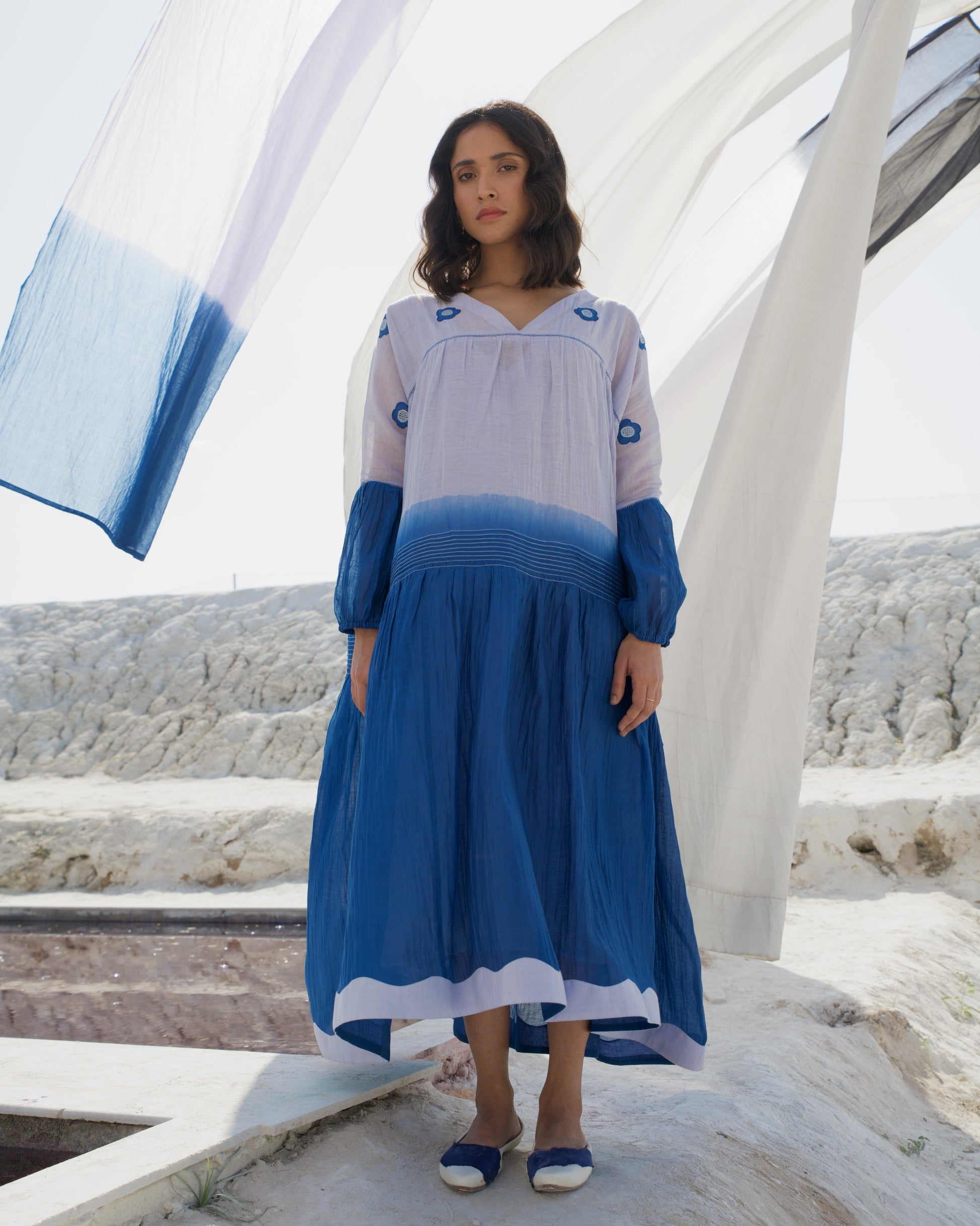 Blue Midi Dress at Kamakhyaa by The Loom Art. This item is Aurora SS24, Best Selling, Blue, Casual Wear, Chanderi Silk, FB ADS JUNE, July Sale, July Sale 2023, Loose Fit, Midi Dresses, Ombre & Dyes, Organic, Tiered Dresses, Womenswear