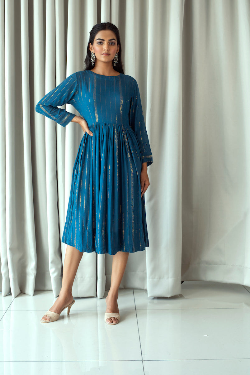 Blue Midi Dress With Zari at Kamakhyaa by Taro. This item is Bahaar Taro, Blue, Cotton, Cotton Blend, Duplicate, Evening Wear, July Sale, July Sale 2023, Midi Dresses, Natural, Regular Fit, Textured, Womenswear