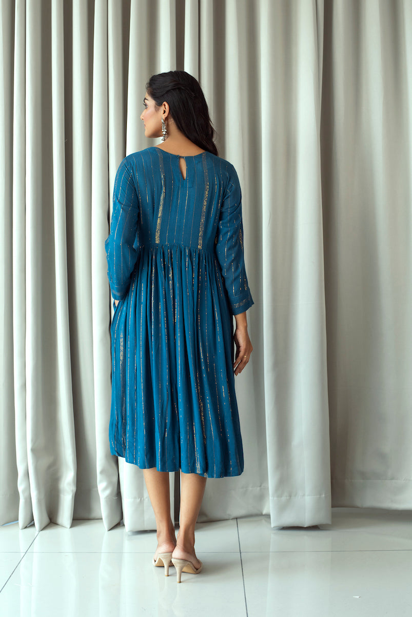 Blue Midi Dress With Zari at Kamakhyaa by Taro. This item is Bahaar Taro, Blue, Cotton, Cotton Blend, Duplicate, Evening Wear, July Sale, July Sale 2023, Midi Dresses, Natural, Regular Fit, Textured, Womenswear