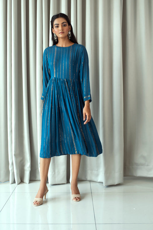 Blue Midi Dress With Zari at Kamakhyaa by Taro. This item is Bahaar Taro, Blue, Cotton, Cotton Blend, Duplicate, Evening Wear, July Sale, July Sale 2023, Midi Dresses, Natural, Regular Fit, Textured, Womenswear