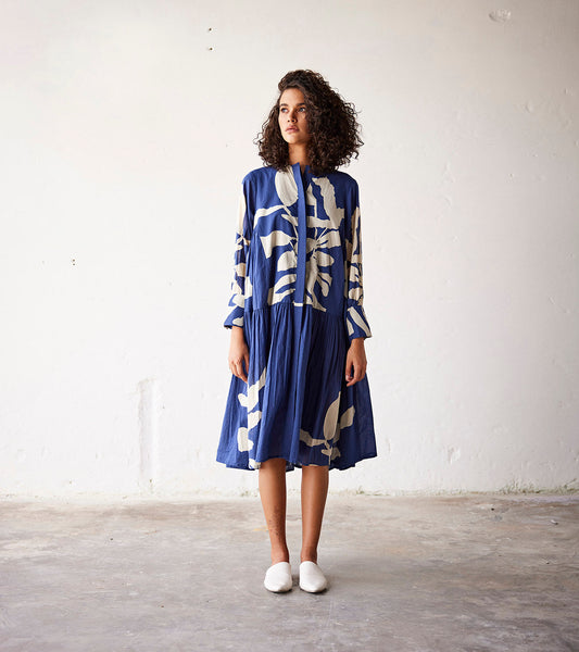 Blue Mulmul Lino Print Cotton Dress at Kamakhyaa by Khara Kapas. This item is An Indian Summer, Blue, Casual Wear, Dresses, Mul-Cotton, Organic, Prints, Relaxed Fit, Womenswear