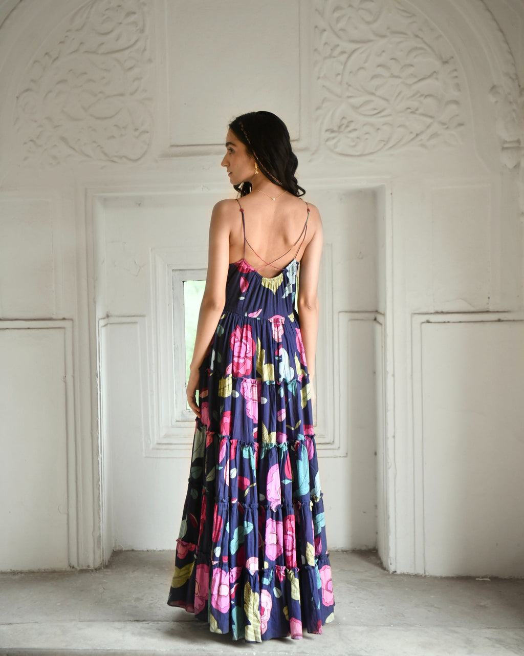 Blue Mulmul Maxi Dress at Kamakhyaa by Taro. This item is Azo Free Dyes, Blue, Fitted At Bust, For Daughter, Garden Of Dreams, July Sale, July Sale 2023, Maxi Dresses, Mulmul, Prints, Resort Wear, Sleeveless Dresses, Tiered Dresses, Womenswear