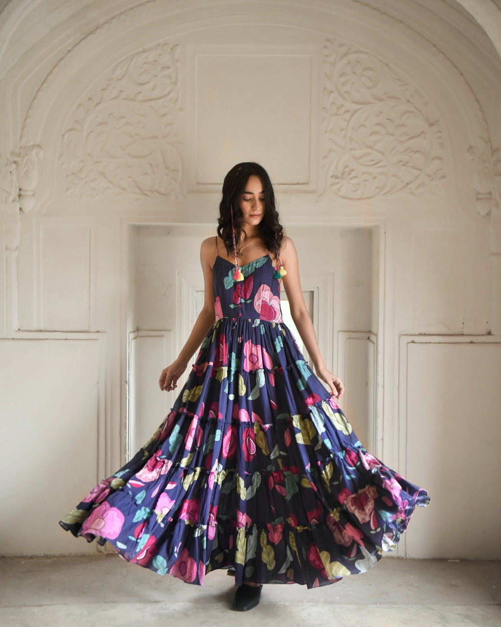 Blue Mulmul Maxi Dress at Kamakhyaa by Taro. This item is Azo Free Dyes, Blue, Fitted At Bust, For Daughter, Garden Of Dreams, July Sale, July Sale 2023, Maxi Dresses, Mulmul, Prints, Resort Wear, Sleeveless Dresses, Tiered Dresses, Womenswear