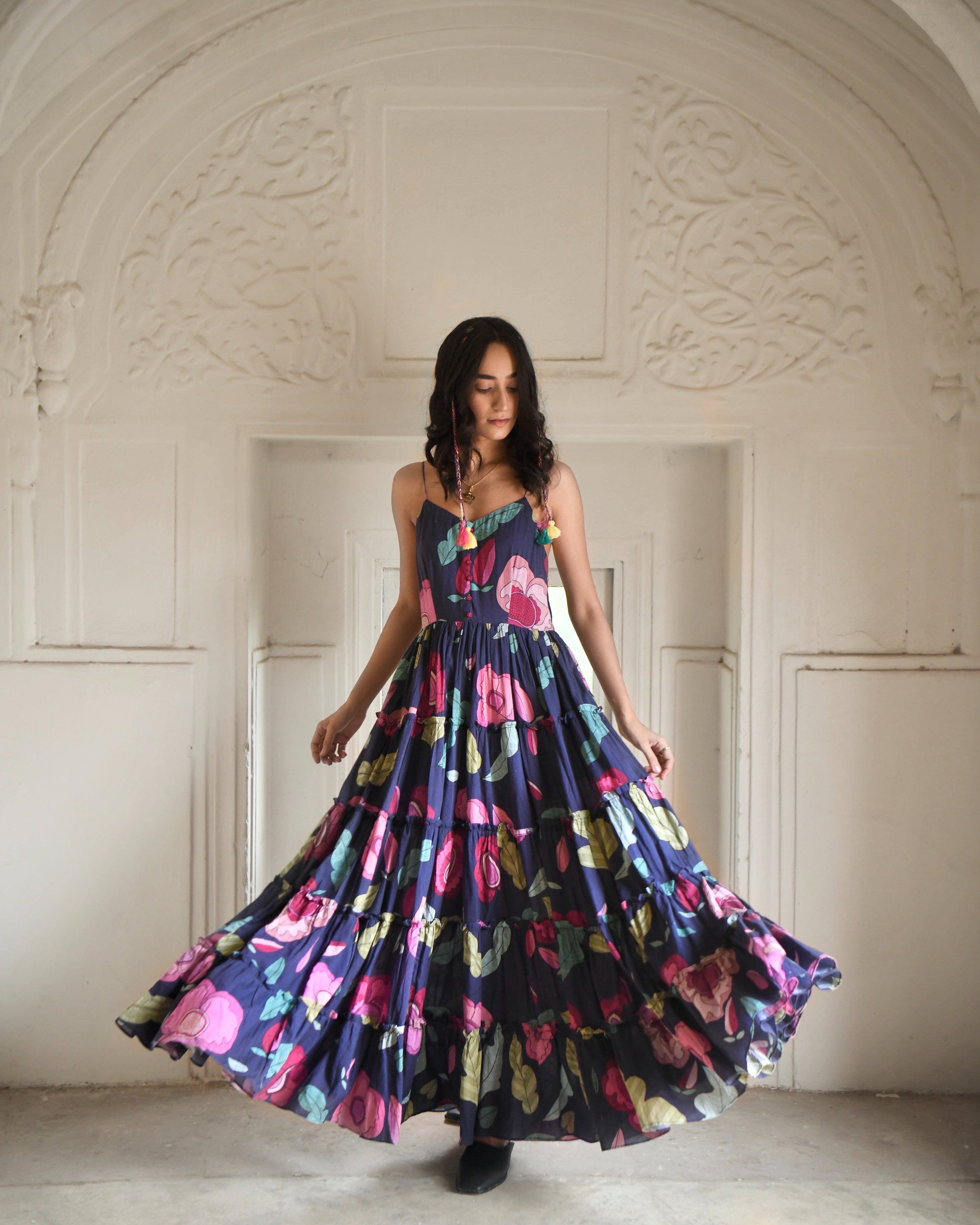 Blue Mulmul Maxi Dress at Kamakhyaa by Taro. This item is Azo Free Dyes, Blue, Fitted At Bust, For Daughter, Garden Of Dreams, July Sale, July Sale 2023, Maxi Dresses, Mulmul, Prints, Resort Wear, Sleeveless Dresses, Tiered Dresses, Womenswear