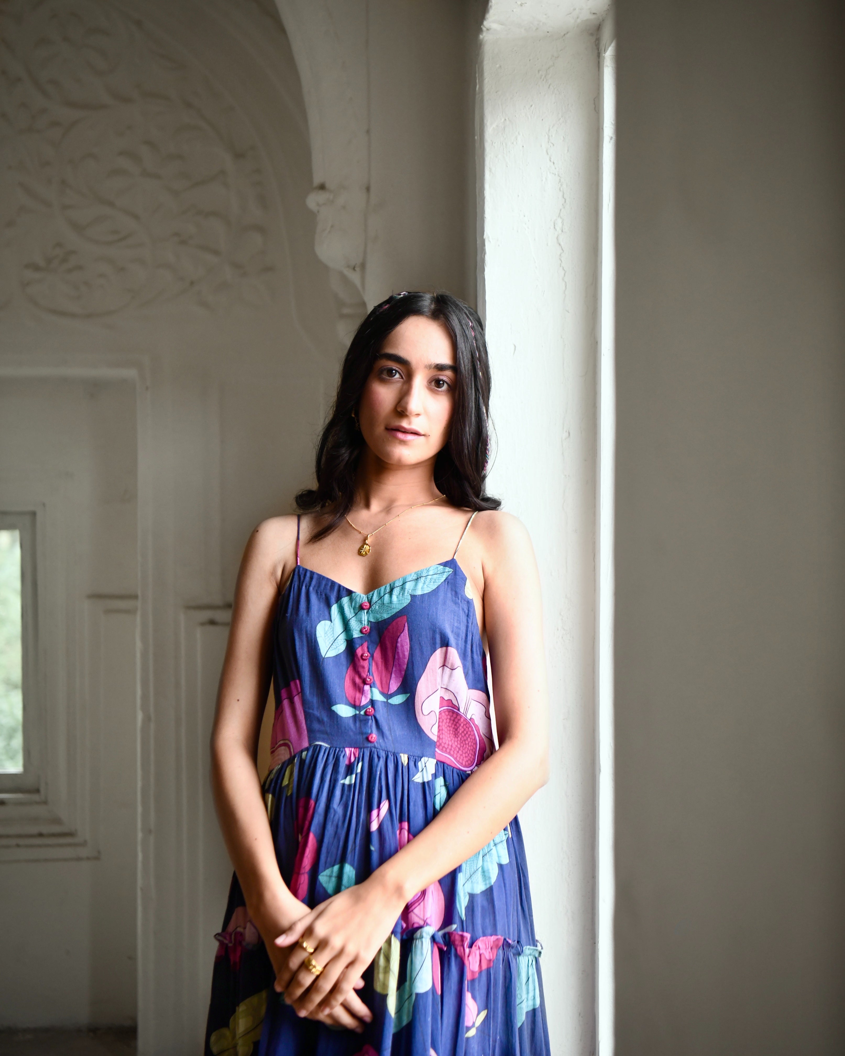 Blue Mulmul Maxi Dress at Kamakhyaa by Taro. This item is Azo Free Dyes, Blue, Fitted At Bust, For Daughter, Garden Of Dreams, July Sale, July Sale 2023, Maxi Dresses, Mulmul, Prints, Resort Wear, Sleeveless Dresses, Tiered Dresses, Womenswear