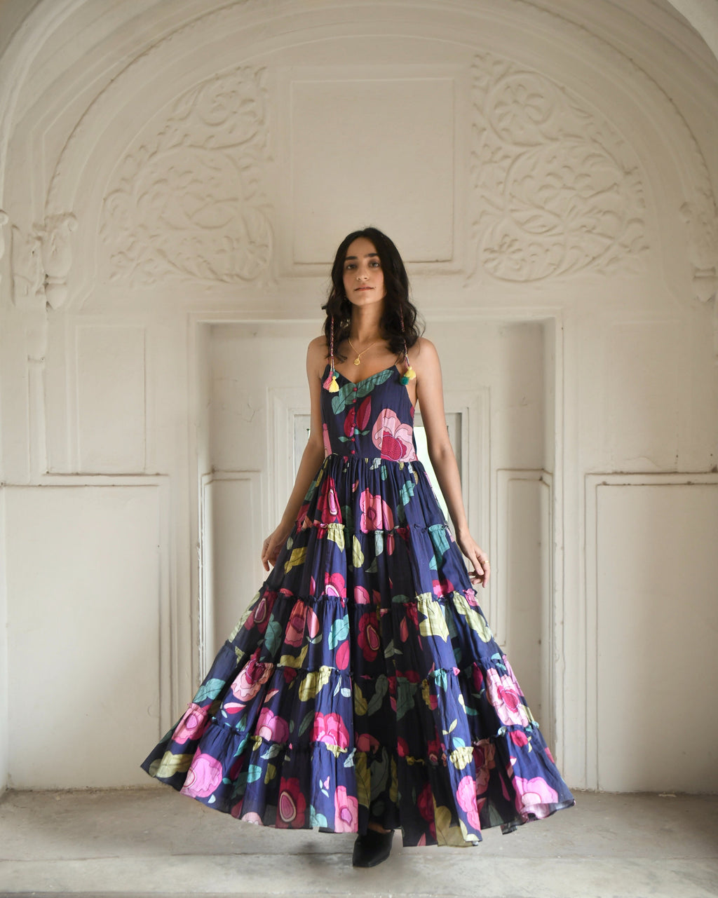 Blue Mulmul Maxi Dress at Kamakhyaa by Taro. This item is Azo Free Dyes, Blue, Fitted At Bust, For Daughter, Garden Of Dreams, July Sale, July Sale 2023, Maxi Dresses, Mulmul, Prints, Resort Wear, Sleeveless Dresses, Tiered Dresses, Womenswear