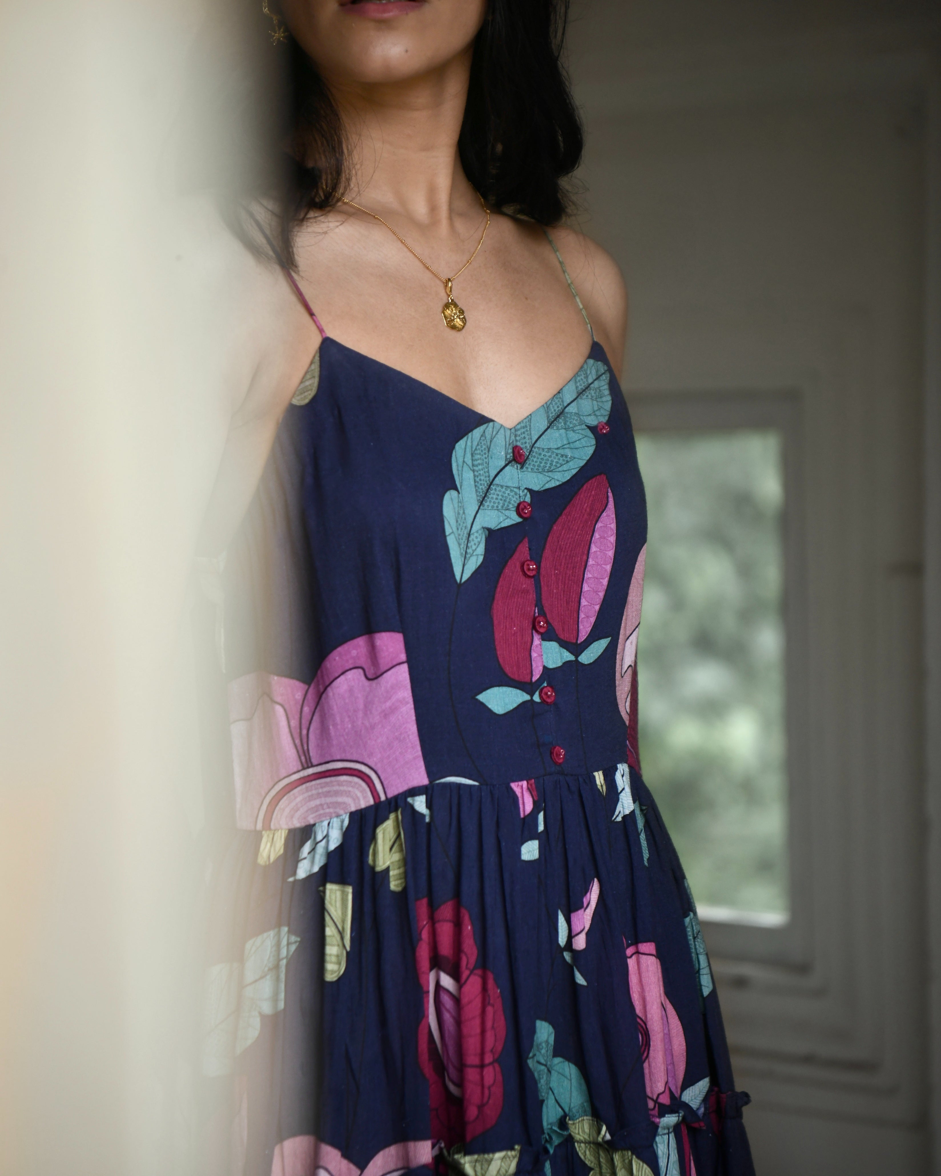 Blue Mulmul Maxi Dress at Kamakhyaa by Taro. This item is Azo Free Dyes, Blue, Fitted At Bust, For Daughter, Garden Of Dreams, July Sale, July Sale 2023, Maxi Dresses, Mulmul, Prints, Resort Wear, Sleeveless Dresses, Tiered Dresses, Womenswear