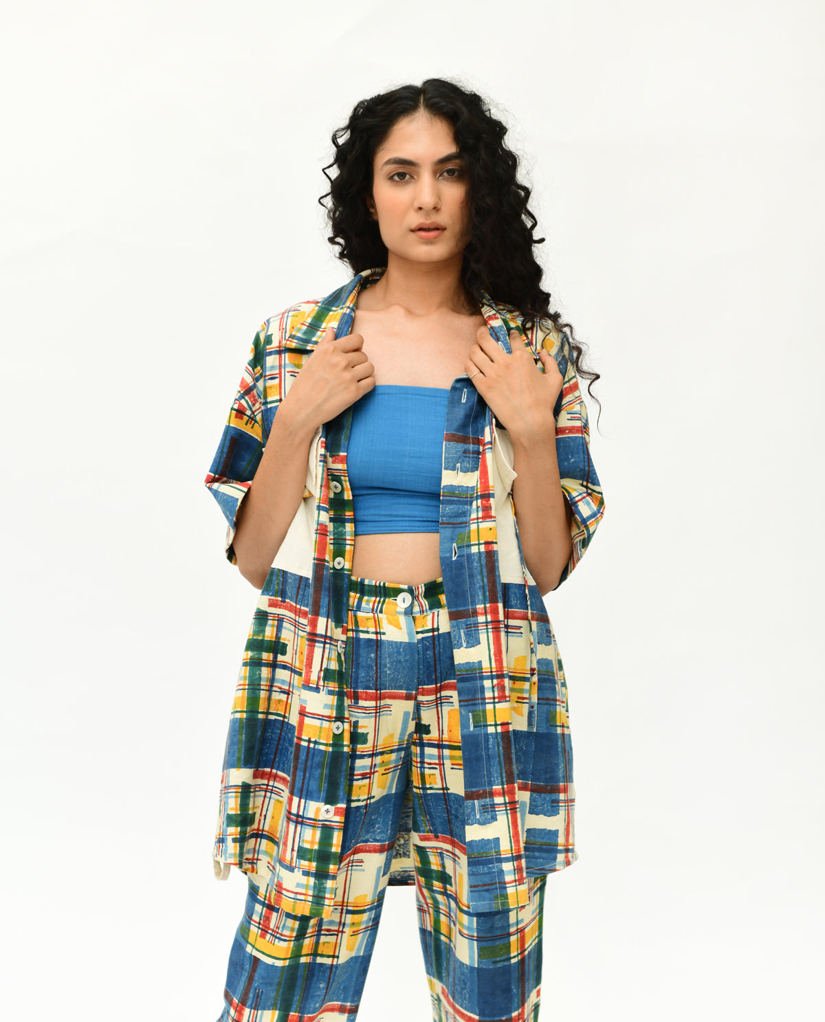 Blue Multicolor Co-ord Set at Kamakhyaa by Rias Jaipur. This item is 100% Organic Cotton, Best Selling, Casual Wear, Co-Ord Sets, Handblock Printed, Handspun, Handwoven, Office Wear Co-ords, Prints, Relaxed Fit, Stellar Print, Stripes, Travel, Travel Co-ords, Vacation, Void, Womenswear