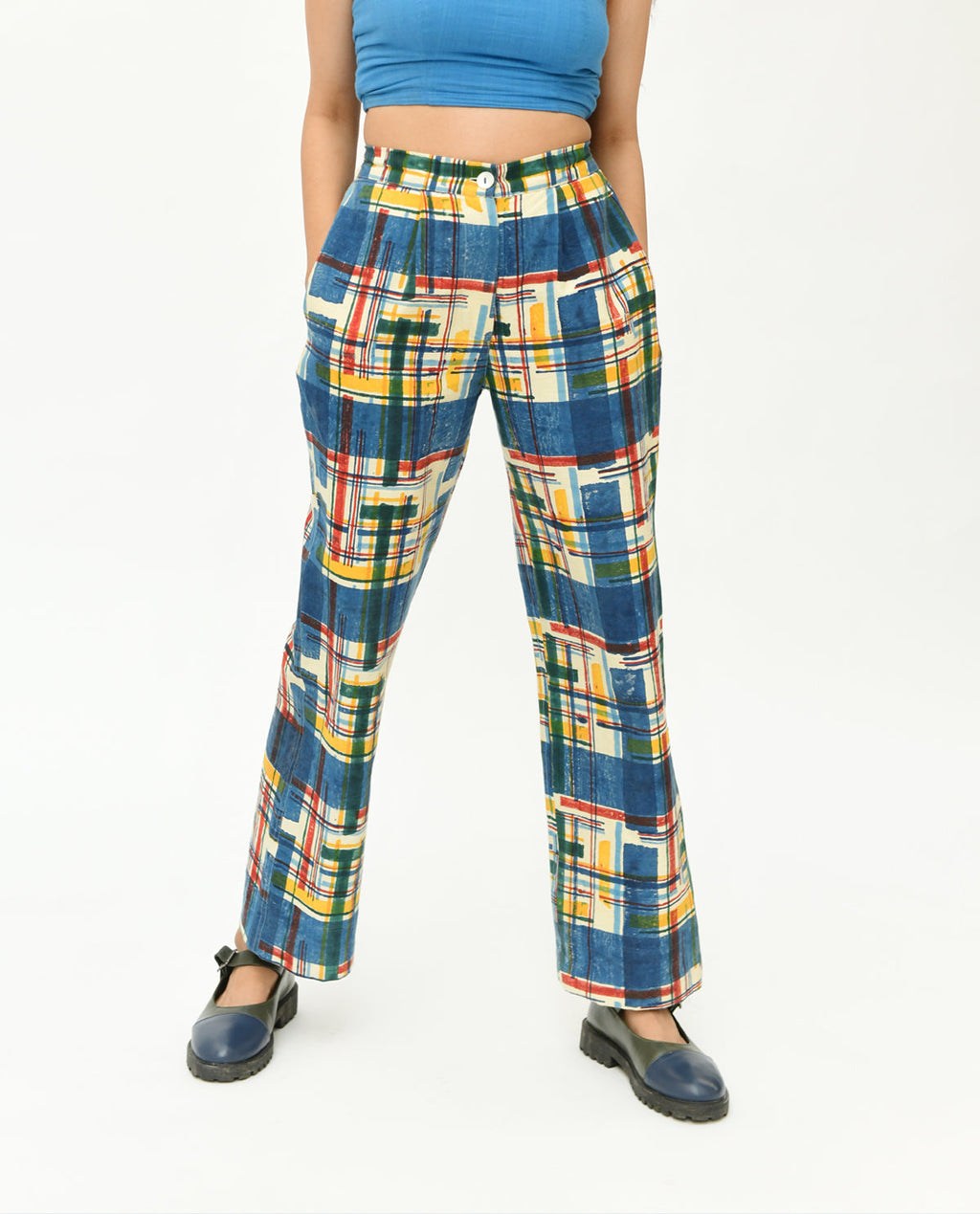 Blue Multicolor Stripes Pant at Kamakhyaa by Rias Jaipur. This item is 100% Organic Cotton, Best Selling, Casual Wear, Handblock Printed, Handspun, Handwoven, Pants, Prints, Relaxed Fit, Stellar Print, Stripes, Void, Womenswear