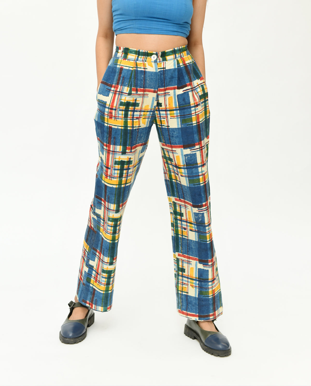 Blue Multicolor Stripes Pant at Kamakhyaa by Rias Jaipur. This item is 100% Organic Cotton, Best Selling, Casual Wear, Handblock Printed, Handspun, Handwoven, Pants, Prints, Relaxed Fit, Stellar Print, Stripes, Void, Womenswear