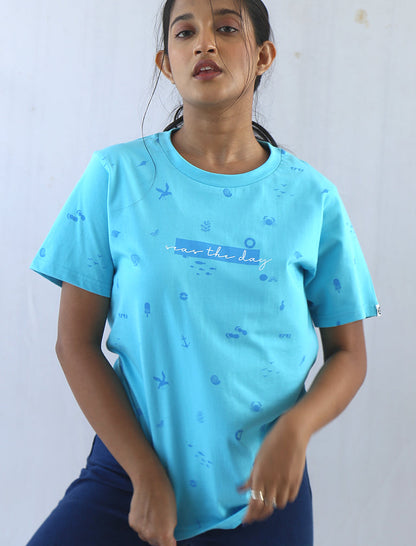 Blue Organic Printed Cotton T-Shirt at Kamakhyaa by Wear Equal. This item is Blue, Casual Wear, Cotton, Less than $50, Natural, Prints, Products less than $25, Regular Fit, T-Shirts, Tops, Womenswear