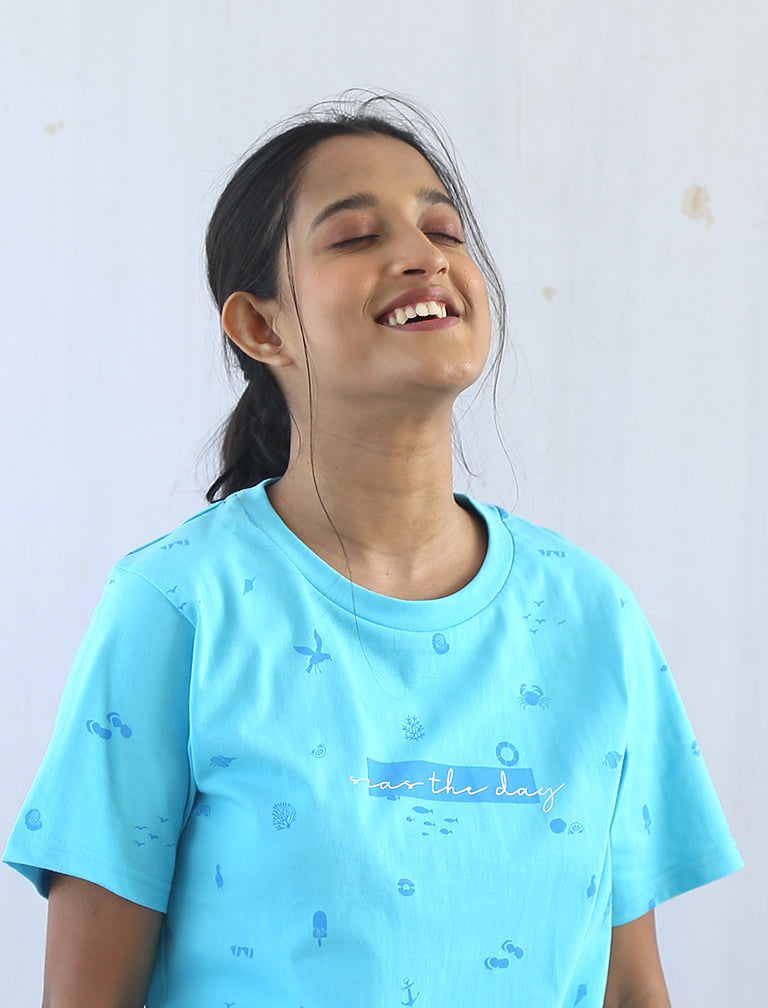 Blue Organic Printed Cotton T-Shirt at Kamakhyaa by Wear Equal. This item is Blue, Casual Wear, Cotton, Less than $50, Natural, Prints, Products less than $25, Regular Fit, T-Shirts, Tops, Womenswear