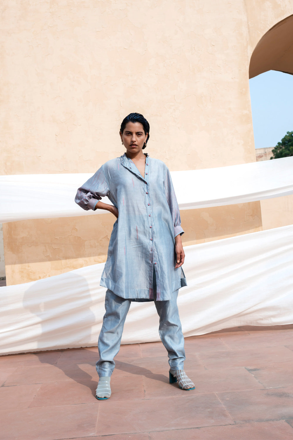 Blue Pants at Kamakhyaa by The Loom Art. This item is Between the Lines, Blue, Chanderi Silk, July Sale, July Sale 2023, Natural, Pants, Party Wear, Regular Fit, Solids, Womenswear