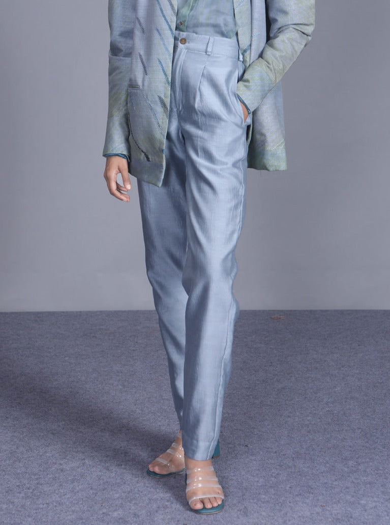 Blue Pants at Kamakhyaa by The Loom Art. This item is Between the Lines, Blue, Chanderi Silk, July Sale, July Sale 2023, Natural, Pants, Party Wear, Regular Fit, Solids, Womenswear