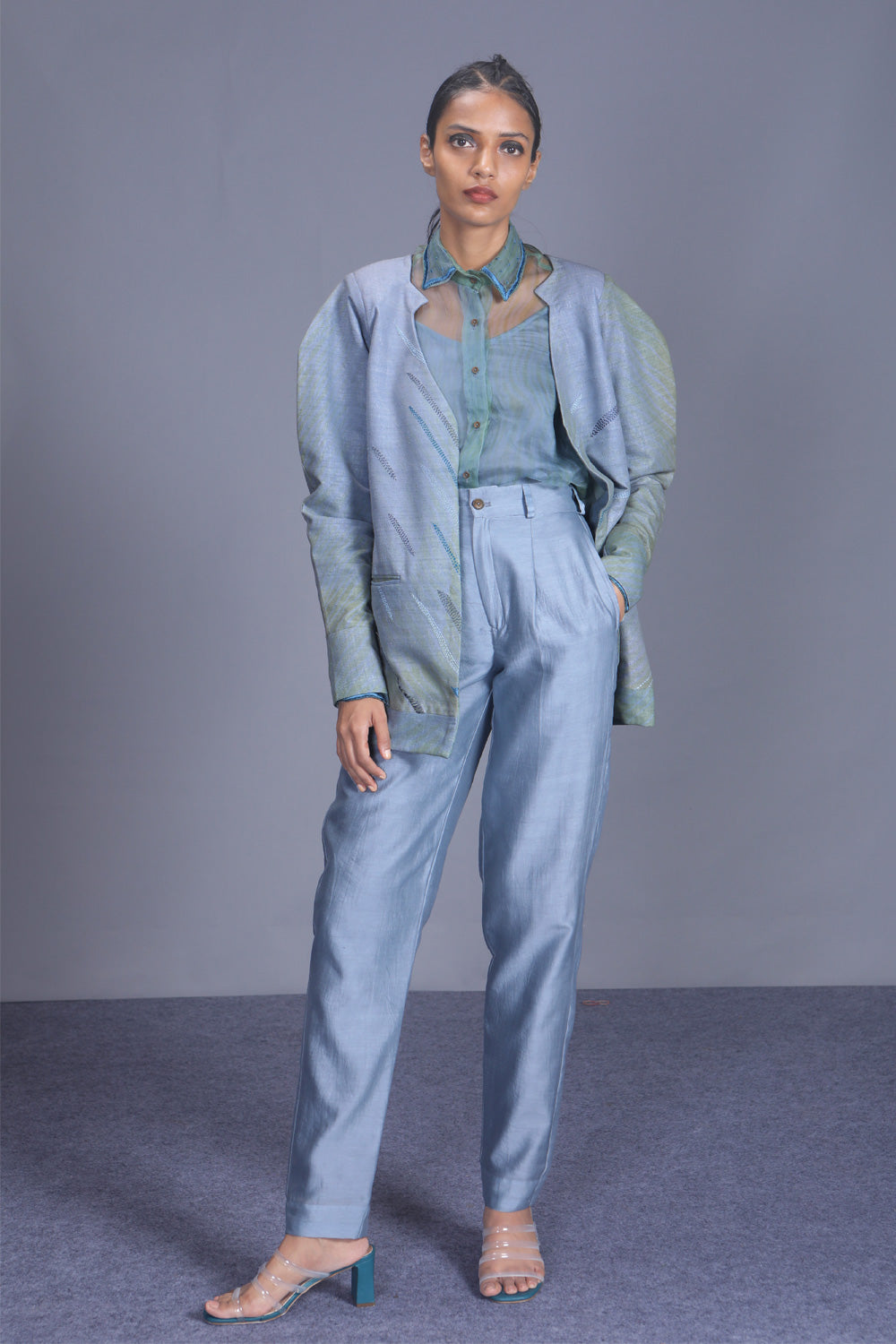 Blue Pants at Kamakhyaa by The Loom Art. This item is Between the Lines, Blue, Chanderi Silk, July Sale, July Sale 2023, Natural, Pants, Party Wear, Regular Fit, Solids, Womenswear