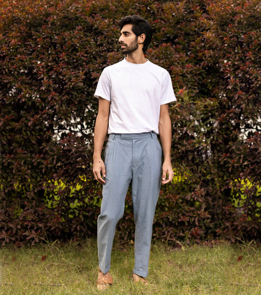 Blue Pants for Men at Kamakhyaa by Khara Kapas. This item is Blue, Bottoms, Cotton Twill, Lost & Found, Mens Bottom, Menswear, Natural, Pants, Regular Fit, Resort Wear, Solids