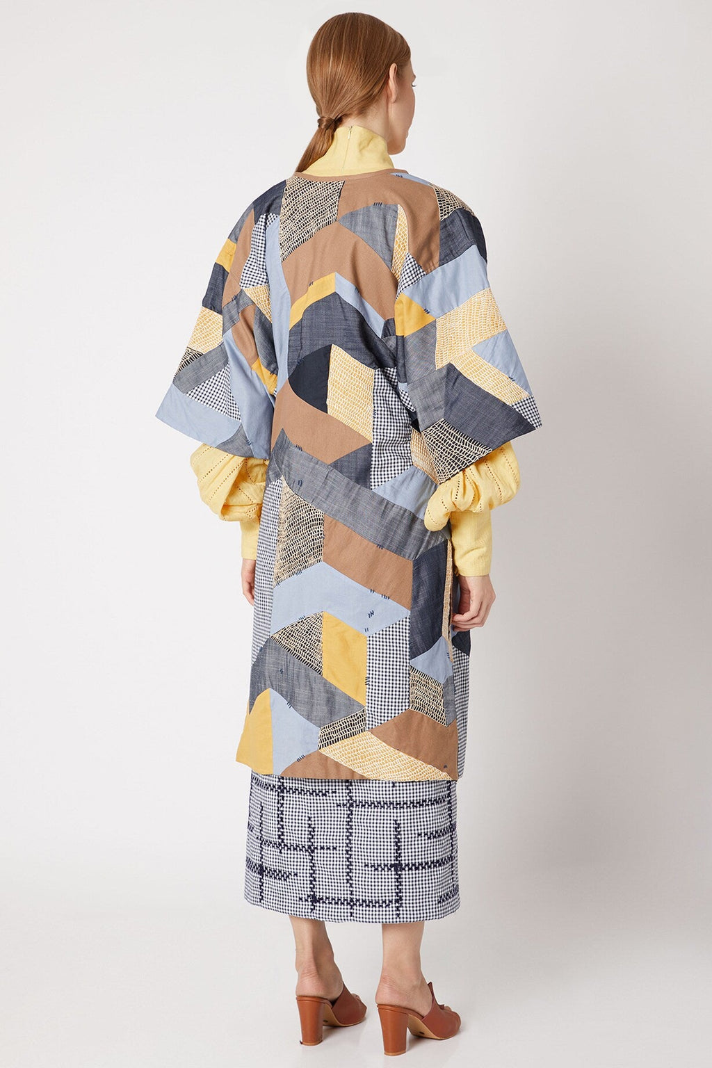 Blue Patchwork Shrug at Kamakhyaa by Chambray & Co.. This item is Blue, Brown, Casual Wear, Cotton, Natural, Patchwork, Regular Fit, Shrugs, Tencel, Womenswear, Yellow