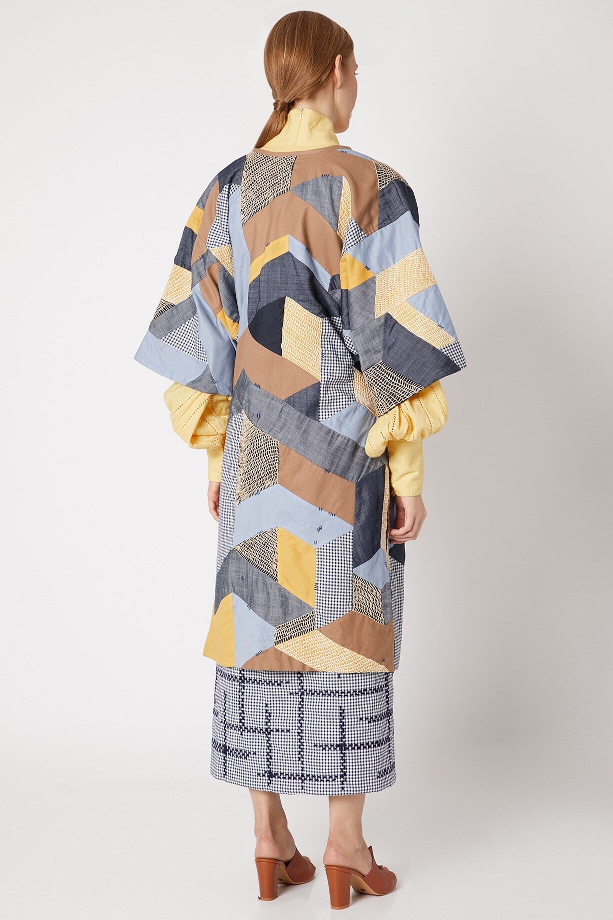 Blue Patchwork Shrug at Kamakhyaa by Chambray & Co.. This item is Blue, Brown, Casual Wear, Cotton, Natural, Patchwork, Regular Fit, Shrugs, Tencel, Womenswear, Yellow