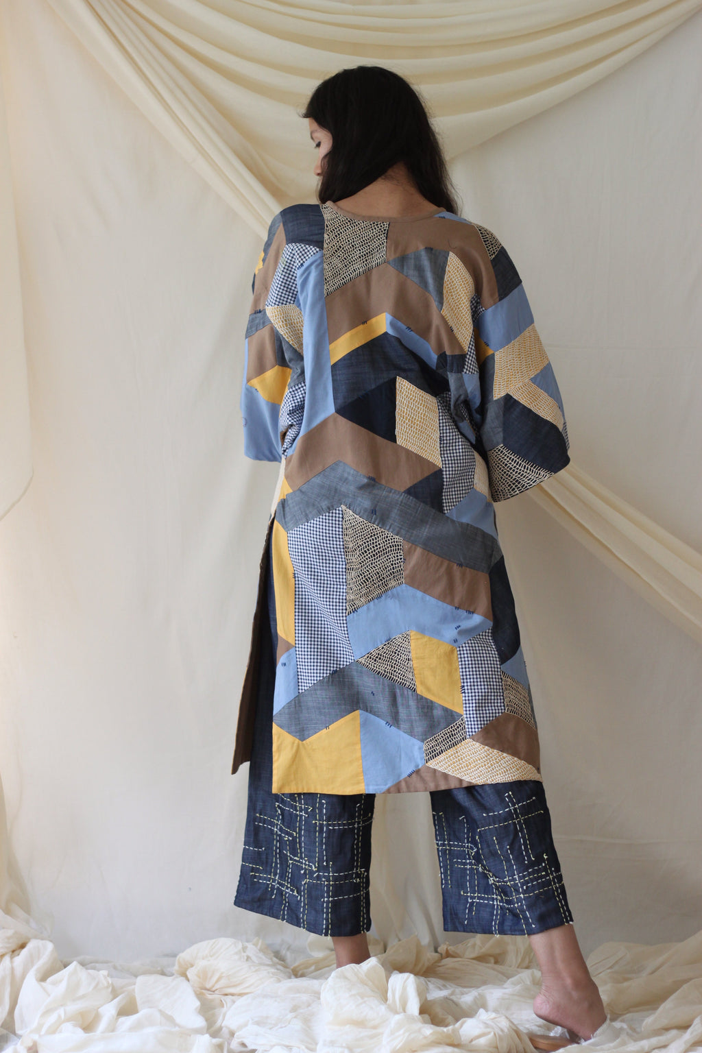 Blue Patchwork Shrug at Kamakhyaa by Chambray & Co.. This item is Blue, Brown, Casual Wear, Cotton, Natural, Patchwork, Regular Fit, Shrugs, Tencel, Womenswear, Yellow