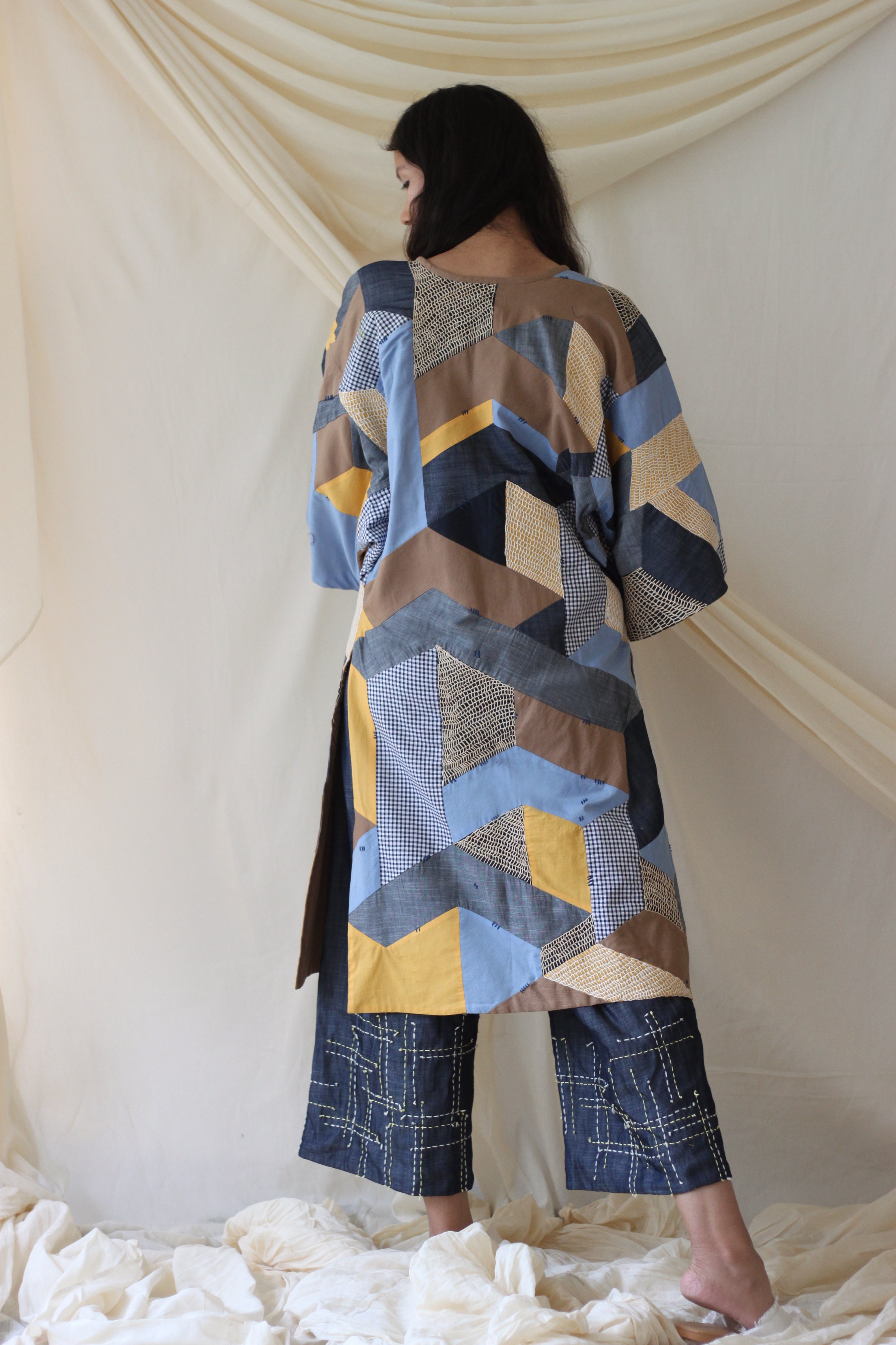 Blue Patchwork Shrug at Kamakhyaa by Chambray & Co.. This item is Blue, Brown, Casual Wear, Cotton, Natural, Patchwork, Regular Fit, Shrugs, Tencel, Womenswear, Yellow