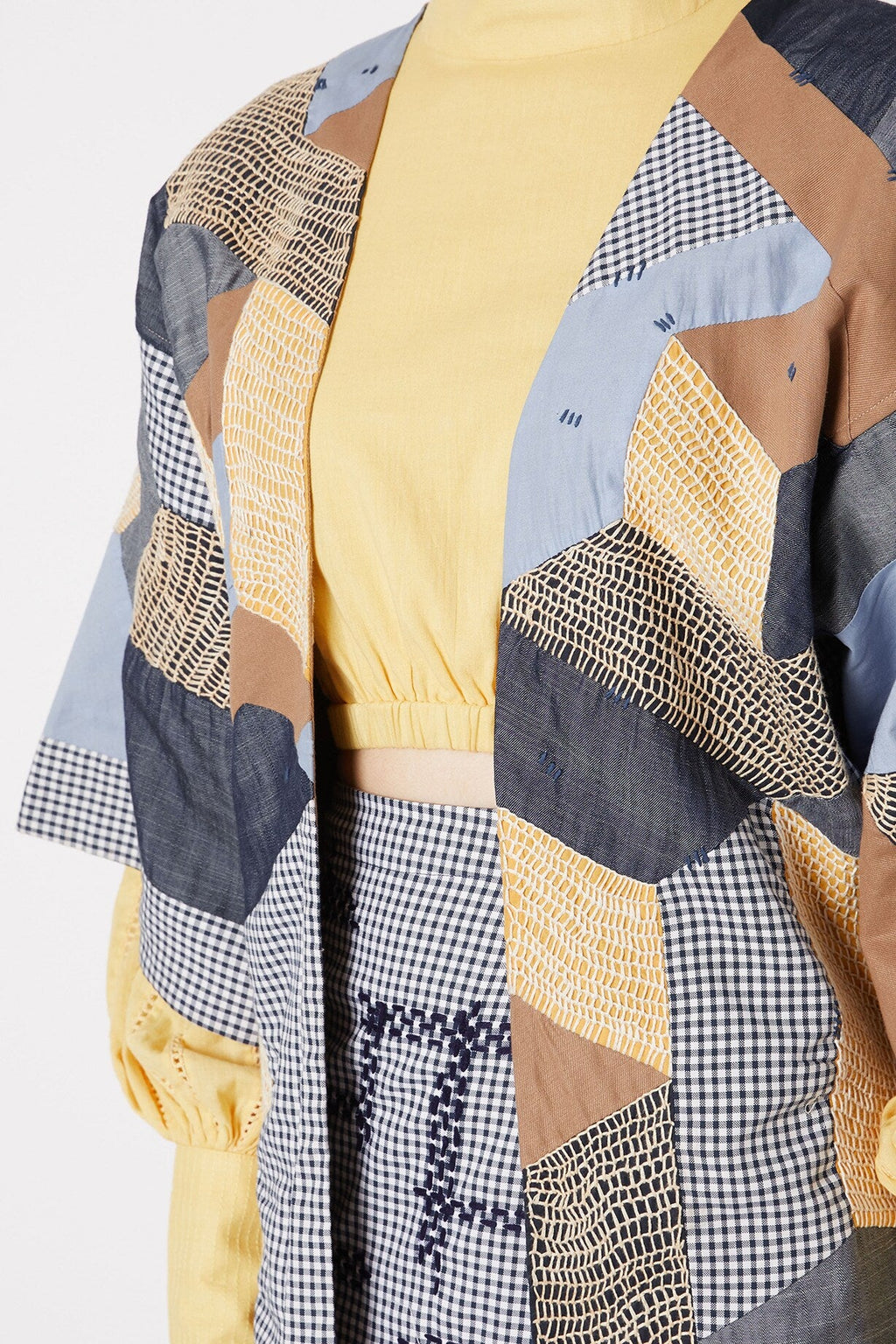 Blue Patchwork Shrug at Kamakhyaa by Chambray & Co.. This item is Blue, Brown, Casual Wear, Cotton, Natural, Patchwork, Regular Fit, Shrugs, Tencel, Womenswear, Yellow