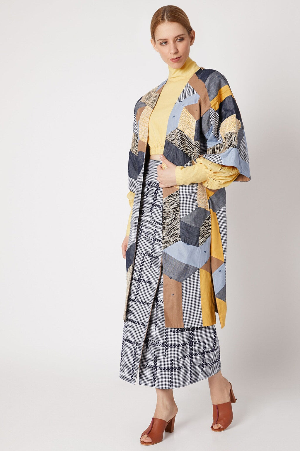 Blue Patchwork Shrug at Kamakhyaa by Chambray & Co.. This item is Blue, Brown, Casual Wear, Cotton, Natural, Patchwork, Regular Fit, Shrugs, Tencel, Womenswear, Yellow