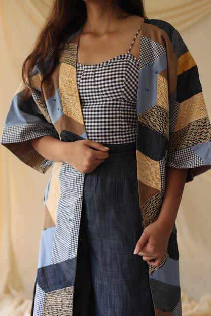 Blue Patchwork Shrug at Kamakhyaa by Chambray & Co.. This item is Blue, Brown, Casual Wear, Cotton, Natural, Patchwork, Regular Fit, Shrugs, Tencel, Womenswear, Yellow