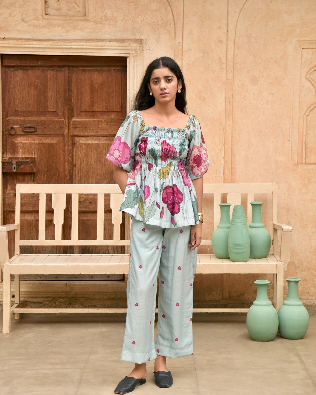 Blue Peplum Top at Kamakhyaa by Taro. This item is Azo Free Dyes, Best Selling, Blue, Casual Wear, Chanderi Silk, Crop Tops, Garden Of Dreams, July Sale, July Sale 2023, Peplum Tops, Prints, Womenswear