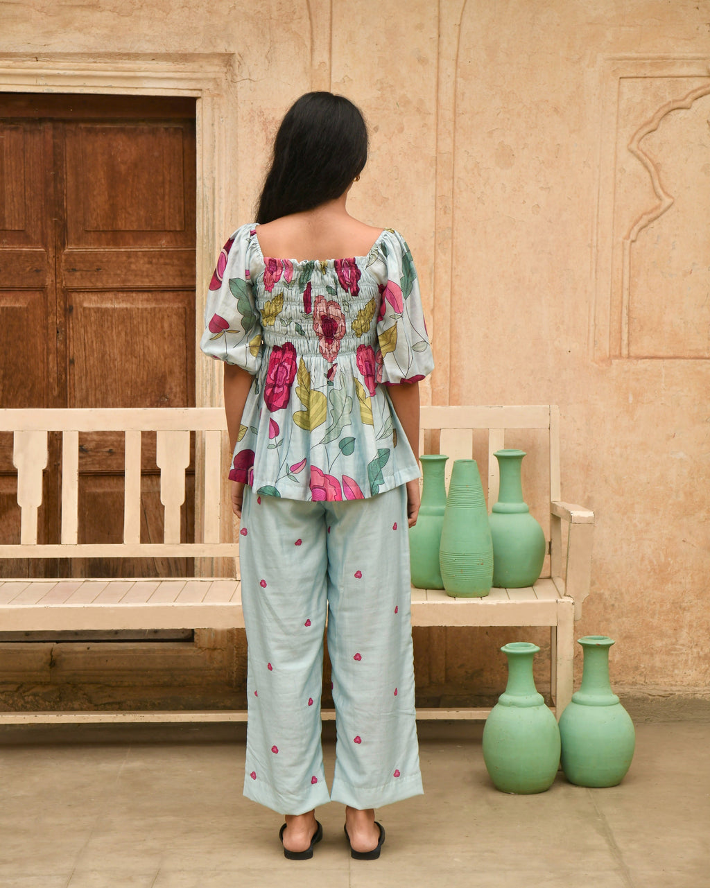 Blue Peplum Top at Kamakhyaa by Taro. This item is Azo Free Dyes, Best Selling, Blue, Casual Wear, Chanderi Silk, Crop Tops, Garden Of Dreams, July Sale, July Sale 2023, Peplum Tops, Prints, Womenswear