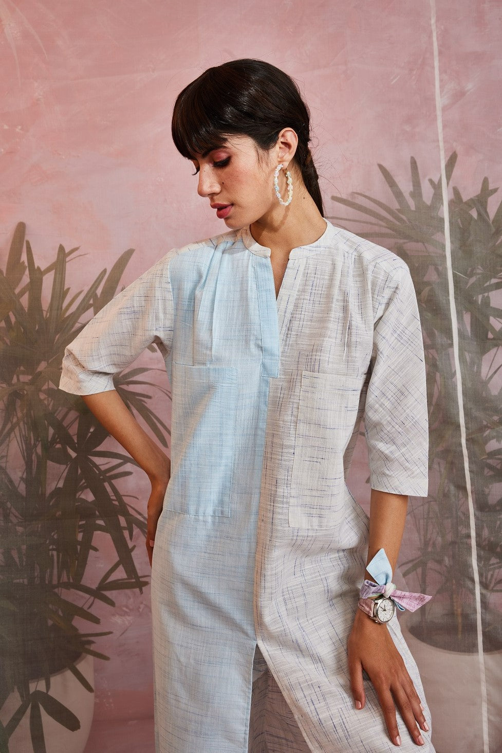 Blue Pocket Kurta with Pant at Kamakhyaa by Charkhee. This item is Blue, Casual Wear, Cotton Blend, Indian Wear, Kurta Pant Sets, Natural, Regular Fit, Textured, White, Womenswear