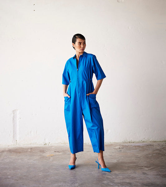 Blue Poplin Jumpsuit at Kamakhyaa by Khara Kapas. This item is An Indian Summer, Blue, Casual Wear, Jumpsuit, Organic, Poplin, Relaxed Fit, Solids, Womenswear