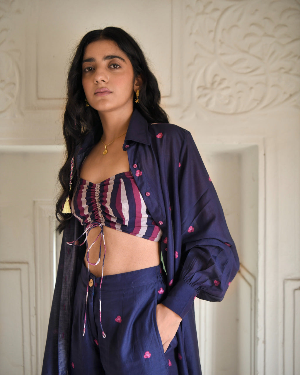 Blue Printed Co-ord Set Of 3 at Kamakhyaa by Taro. This item is Azo Free Dyes, Best Selling, Blue, Chanderi Silk, Co-ord Sets, FB ADS JUNE, Fusion Wear, Garden Of Dreams, July Sale, July Sale 2023, Prints, Relaxed Fit, Travel Co-ords, Vacation, Vacation Co-ords, Womenswear