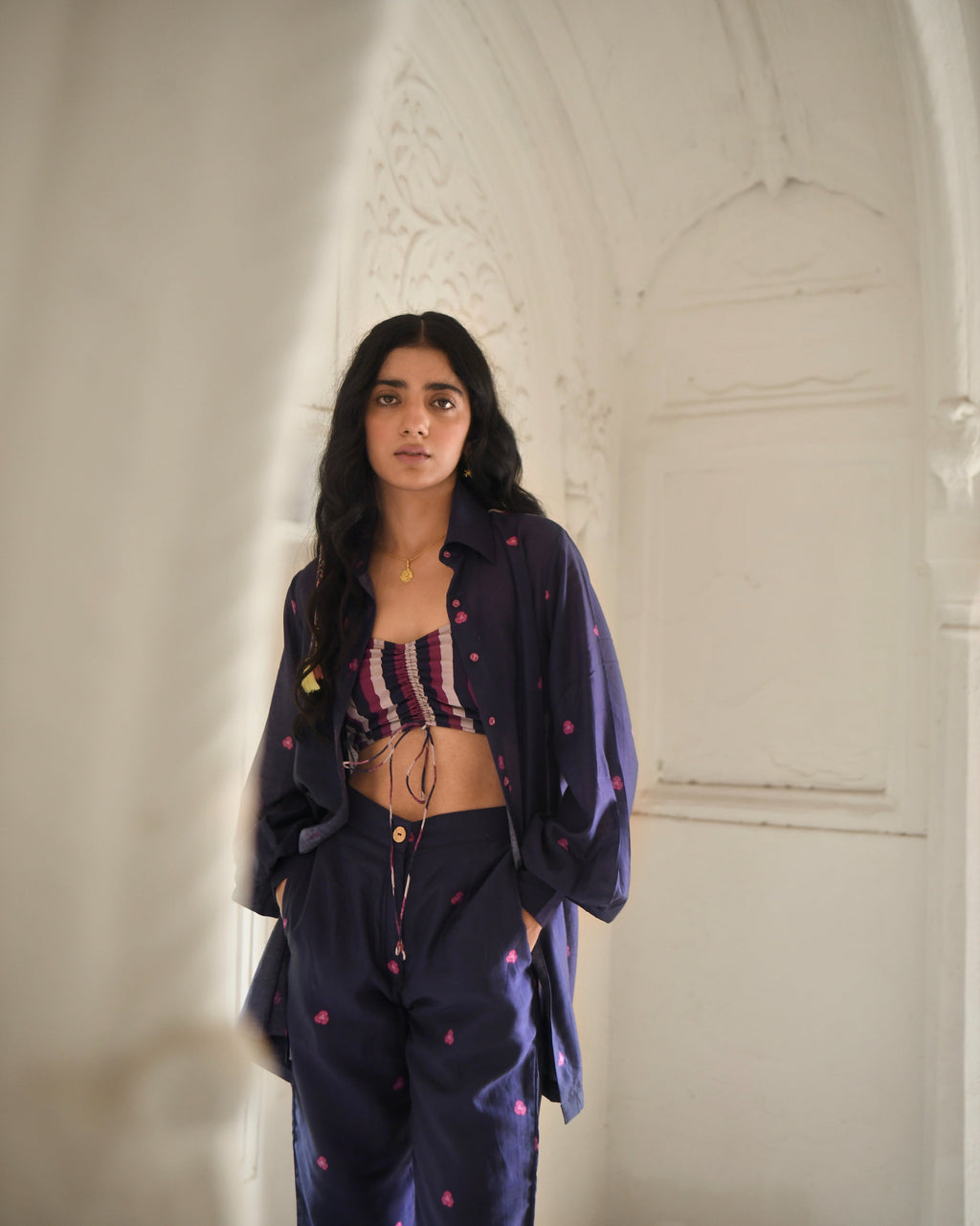 Blue Printed Co-ord Set Of 3 at Kamakhyaa by Taro. This item is Azo Free Dyes, Best Selling, Blue, Chanderi Silk, Co-ord Sets, FB ADS JUNE, Fusion Wear, Garden Of Dreams, July Sale, July Sale 2023, Prints, Relaxed Fit, Travel Co-ords, Vacation, Vacation Co-ords, Womenswear