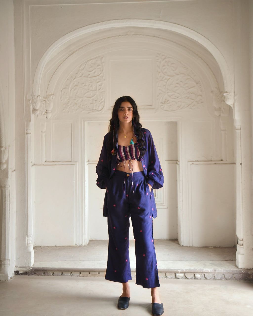 Blue Printed Co-ord Set Of 3 at Kamakhyaa by Taro. This item is Azo Free Dyes, Best Selling, Blue, Chanderi Silk, Co-ord Sets, FB ADS JUNE, Fusion Wear, Garden Of Dreams, July Sale, July Sale 2023, Prints, Relaxed Fit, Travel Co-ords, Vacation, Vacation Co-ords, Womenswear