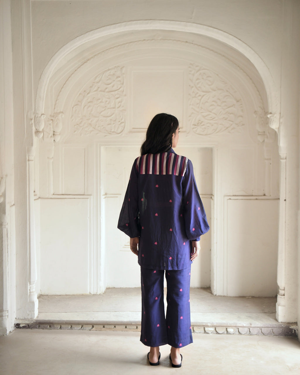 Blue Printed Co-ord Set Of 3 at Kamakhyaa by Taro. This item is Azo Free Dyes, Best Selling, Blue, Chanderi Silk, Co-ord Sets, FB ADS JUNE, Fusion Wear, Garden Of Dreams, July Sale, July Sale 2023, Prints, Relaxed Fit, Travel Co-ords, Vacation, Vacation Co-ords, Womenswear