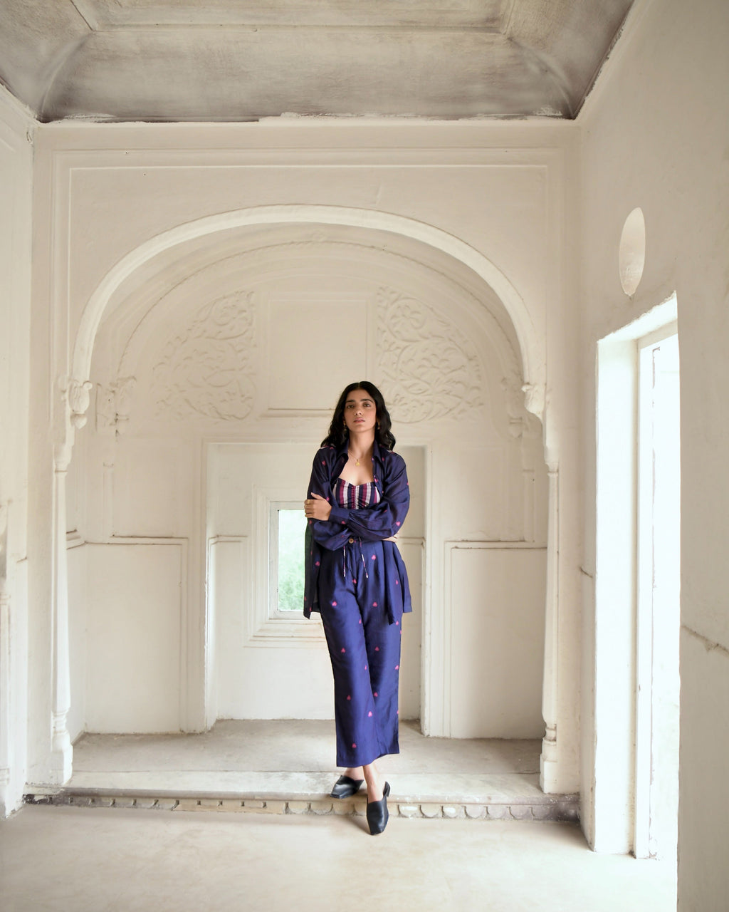 Blue Printed Co-ord Set Of 3 at Kamakhyaa by Taro. This item is Azo Free Dyes, Best Selling, Blue, Chanderi Silk, Co-ord Sets, FB ADS JUNE, Fusion Wear, Garden Of Dreams, July Sale, July Sale 2023, Prints, Relaxed Fit, Travel Co-ords, Vacation, Vacation Co-ords, Womenswear