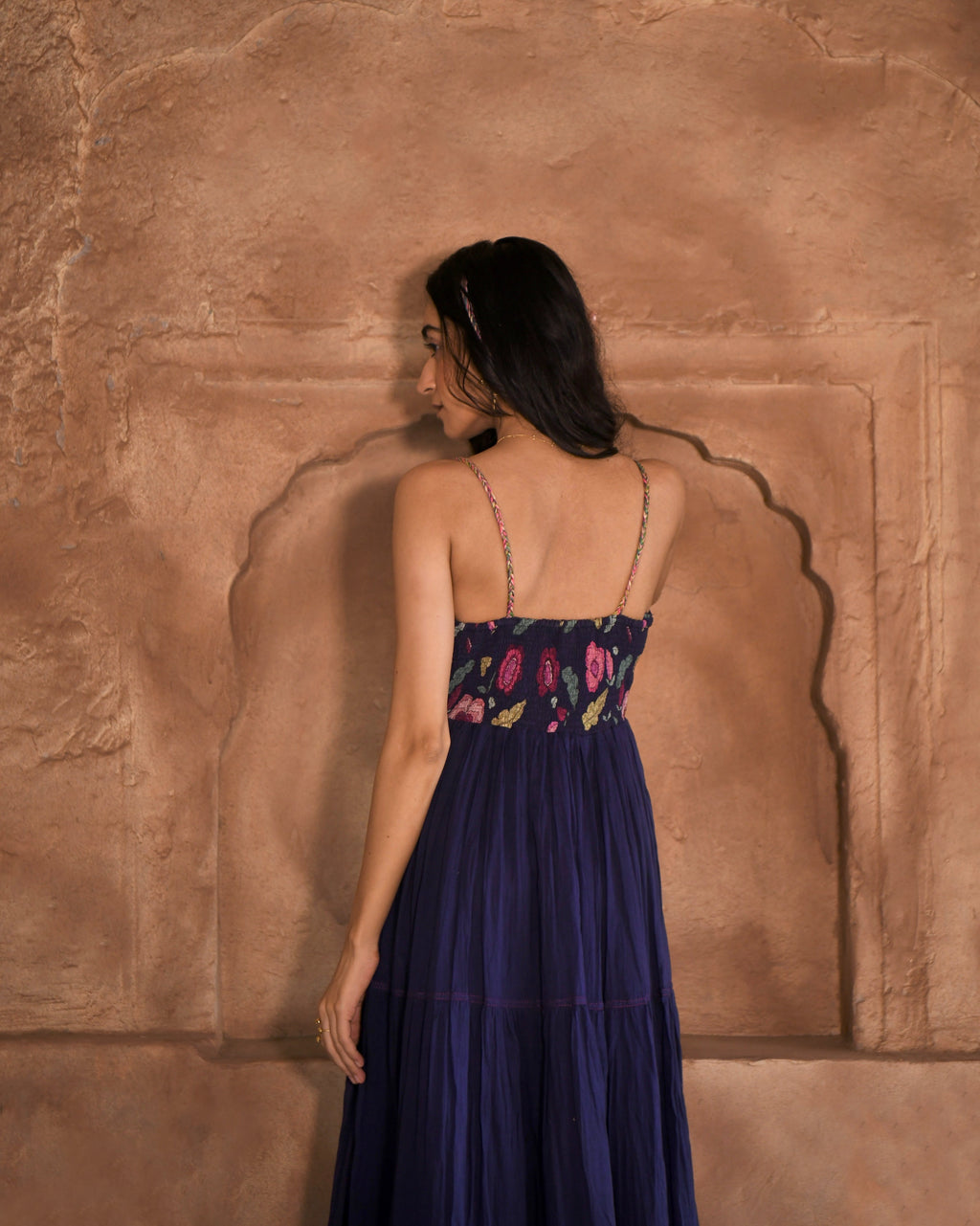 Blue Printed Maxi Dress at Kamakhyaa by Taro. This item is Azo Free Dyes, Best Selling, Blue, Chanderi Silk, FB ADS JUNE, Fitted At Bust, For Daughter, Garden Of Dreams, July Sale, July Sale 2023, Maxi Dresses, Mulmul, Prints, Resort Wear, Sleeveless Dresses, Strap Dresses, Womenswear