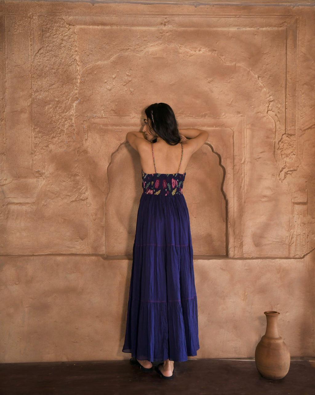 Blue Printed Maxi Dress at Kamakhyaa by Taro. This item is Azo Free Dyes, Best Selling, Blue, Chanderi Silk, FB ADS JUNE, Fitted At Bust, For Daughter, Garden Of Dreams, July Sale, July Sale 2023, Maxi Dresses, Mulmul, Prints, Resort Wear, Sleeveless Dresses, Strap Dresses, Womenswear