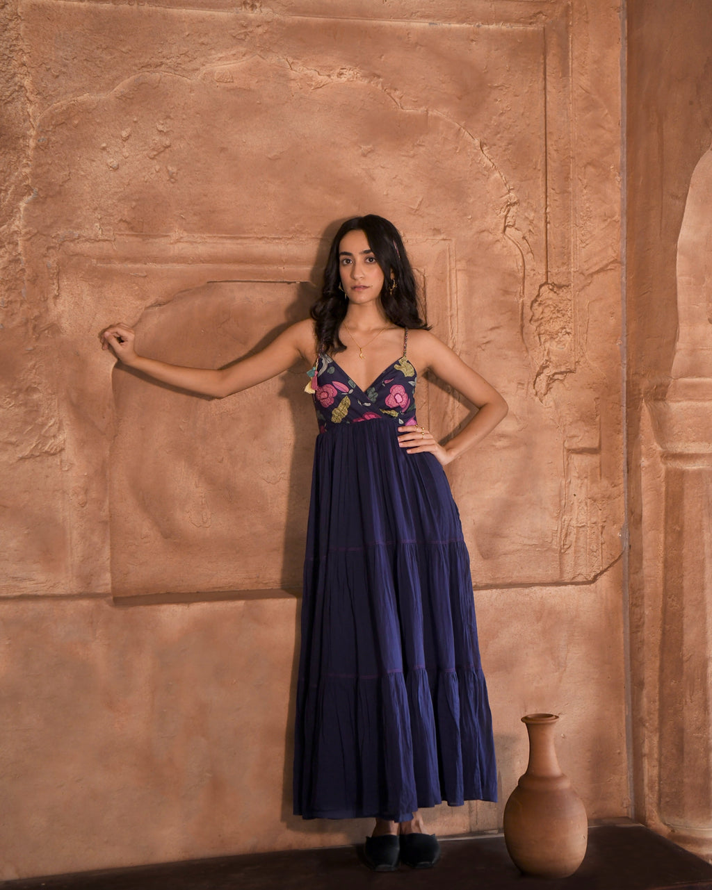 Blue Printed Maxi Dress at Kamakhyaa by Taro. This item is Azo Free Dyes, Best Selling, Blue, Chanderi Silk, FB ADS JUNE, Fitted At Bust, For Daughter, Garden Of Dreams, July Sale, July Sale 2023, Maxi Dresses, Mulmul, Prints, Resort Wear, Sleeveless Dresses, Strap Dresses, Womenswear