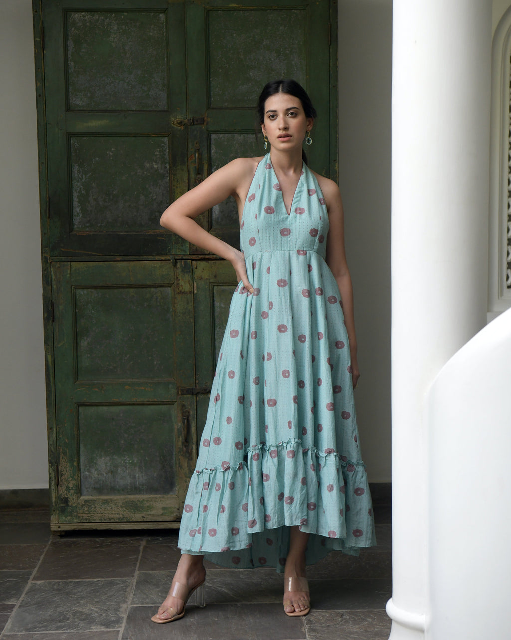 Blue Printed Maxi Dress at Kamakhyaa by Taro. This item is Blue, Evening Wear, For Daughter, Halter Neck Dresses, Handwoven cotton silk, July Sale, July Sale 2023, Maxi Dresses, Natural, Printed Selfsame, Prints, Regular Fit, Wildflower Taro, Womenswear