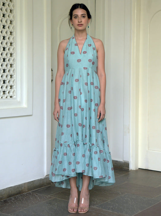 Blue Printed Maxi Dress at Kamakhyaa by Taro. This item is Blue, Evening Wear, For Daughter, Halter Neck Dresses, Handwoven cotton silk, July Sale, July Sale 2023, Maxi Dresses, Natural, Printed Selfsame, Prints, Regular Fit, Wildflower Taro, Womenswear