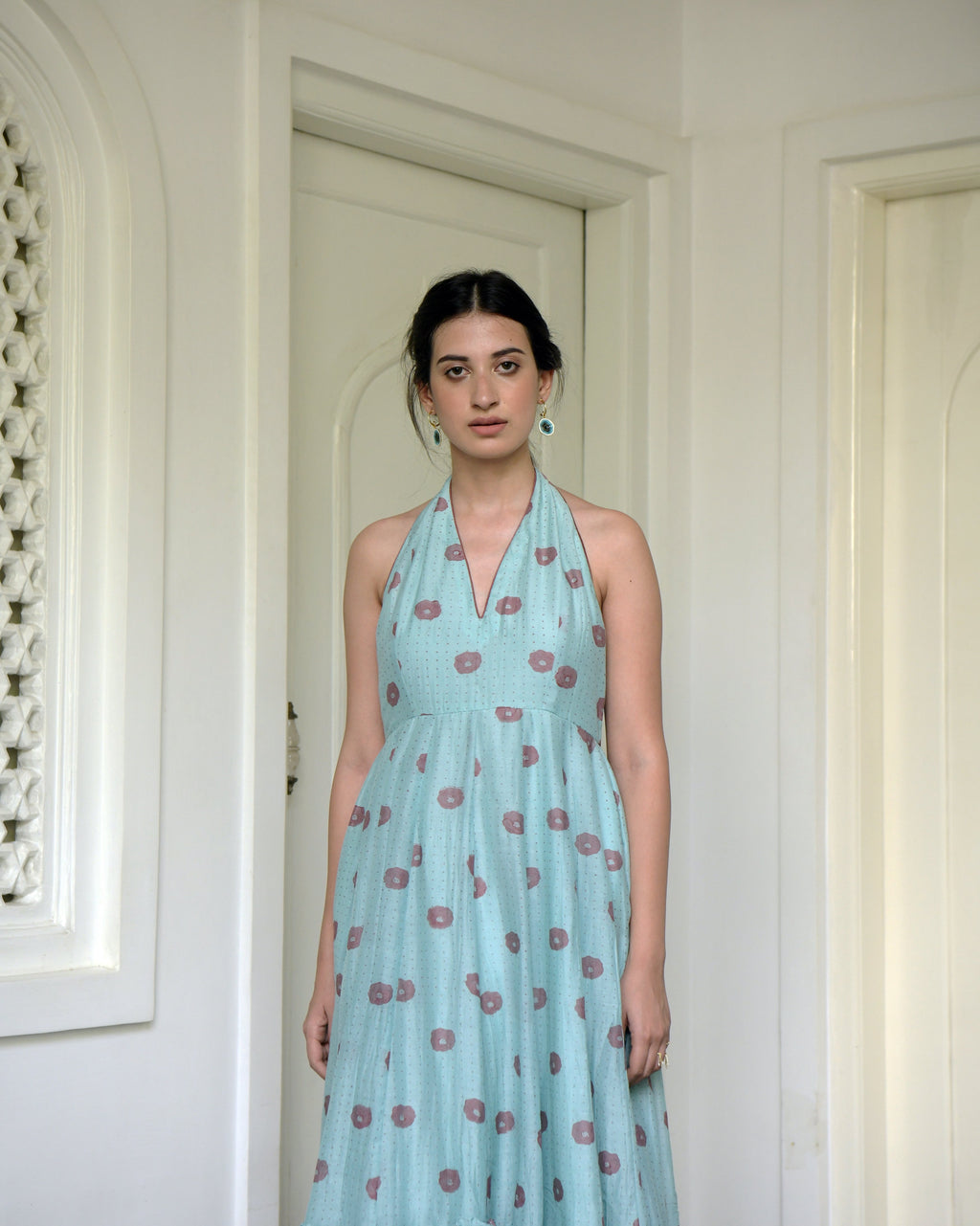 Blue Printed Maxi Dress at Kamakhyaa by Taro. This item is Blue, Evening Wear, For Daughter, Halter Neck Dresses, Handwoven cotton silk, July Sale, July Sale 2023, Maxi Dresses, Natural, Printed Selfsame, Prints, Regular Fit, Wildflower Taro, Womenswear