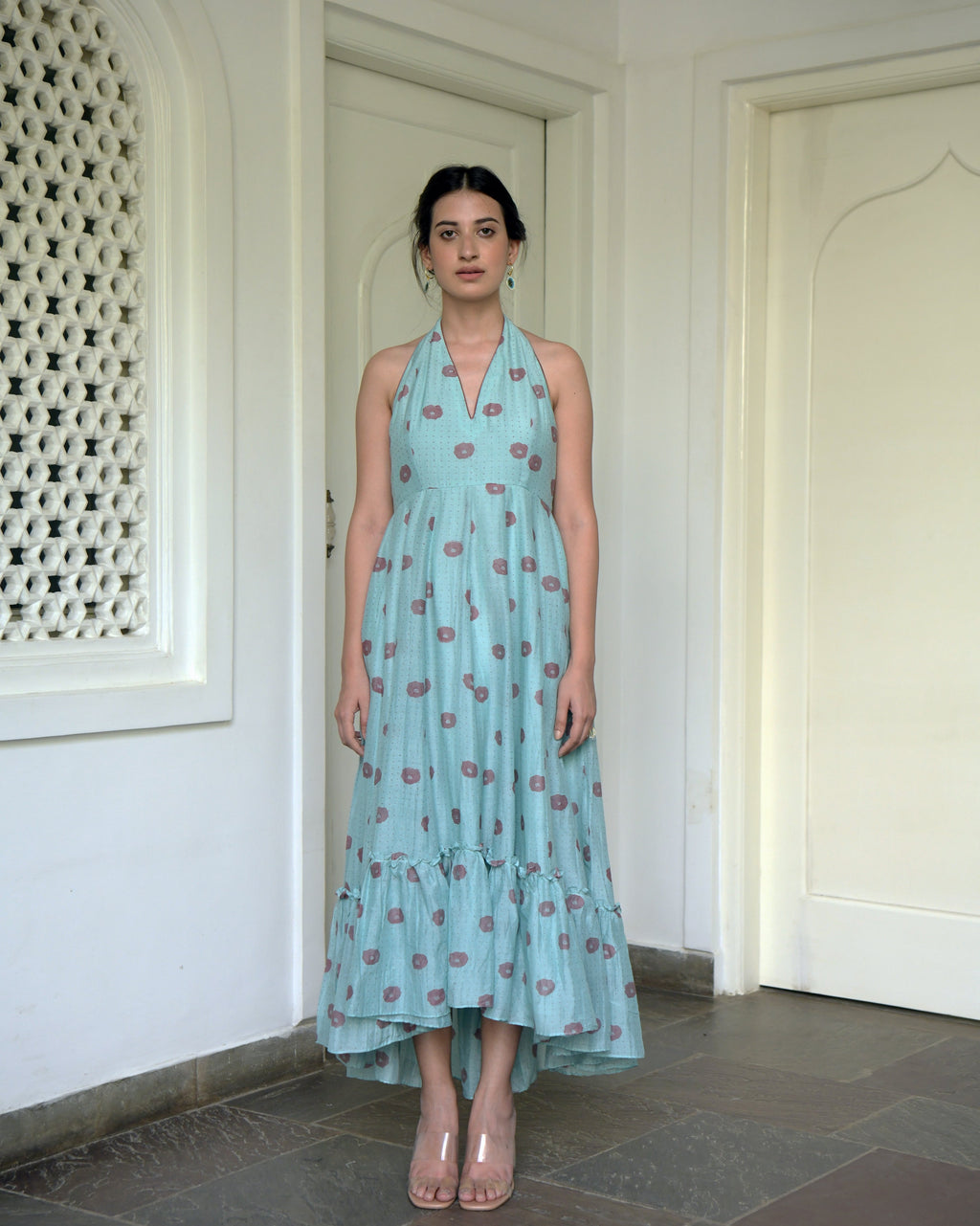 Blue Printed Maxi Dress at Kamakhyaa by Taro. This item is Blue, Evening Wear, For Daughter, Halter Neck Dresses, Handwoven cotton silk, July Sale, July Sale 2023, Maxi Dresses, Natural, Printed Selfsame, Prints, Regular Fit, Wildflower Taro, Womenswear