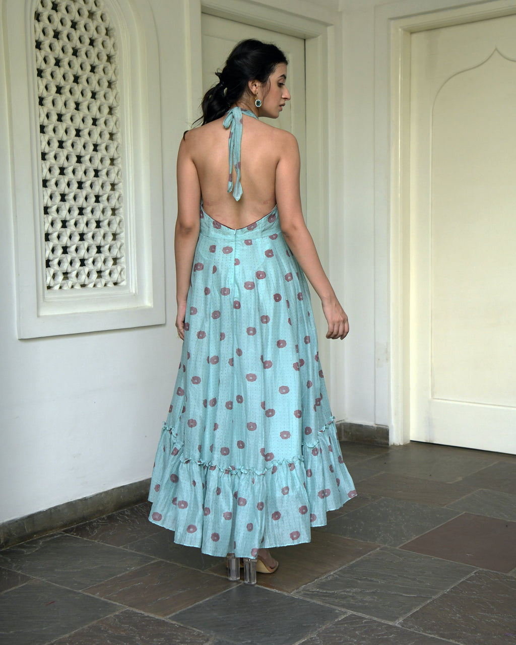 Blue Printed Maxi Dress at Kamakhyaa by Taro. This item is Blue, Evening Wear, For Daughter, Halter Neck Dresses, Handwoven cotton silk, July Sale, July Sale 2023, Maxi Dresses, Natural, Printed Selfsame, Prints, Regular Fit, Wildflower Taro, Womenswear
