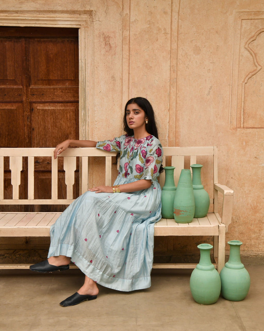 Blue Printed Midi Dress at Kamakhyaa by Taro. This item is Azo Free Dyes, Beads, Beads work, Blue, Chanderi Silk, Garden Of Dreams, July Sale, July Sale 2023, Midi Dresses, Office Wear, Prints, Regular Fit, Womenswear