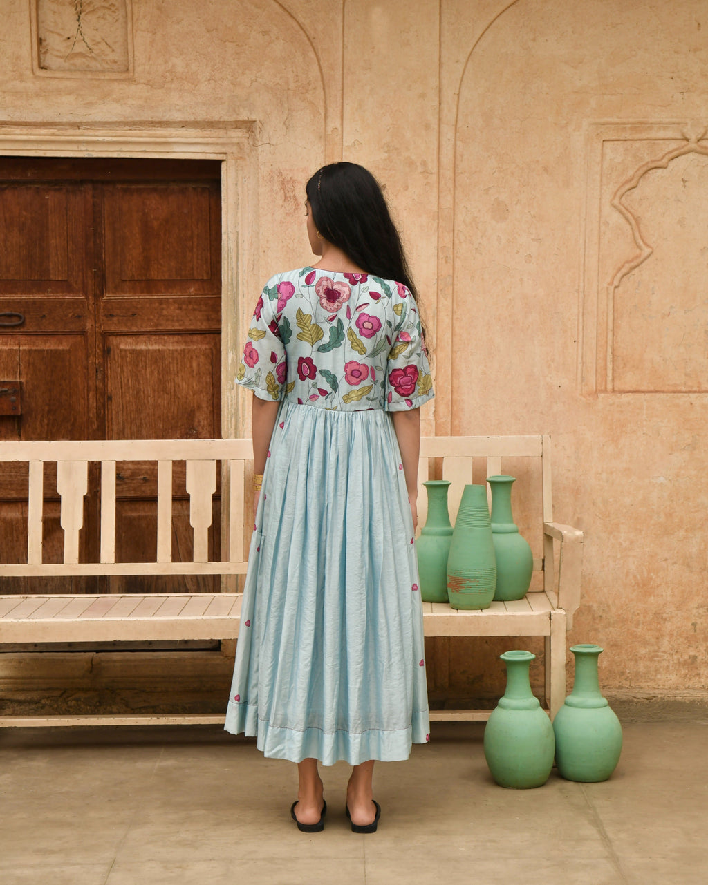 Blue Printed Midi Dress at Kamakhyaa by Taro. This item is Azo Free Dyes, Beads, Beads work, Blue, Chanderi Silk, Garden Of Dreams, July Sale, July Sale 2023, Midi Dresses, Office Wear, Prints, Regular Fit, Womenswear