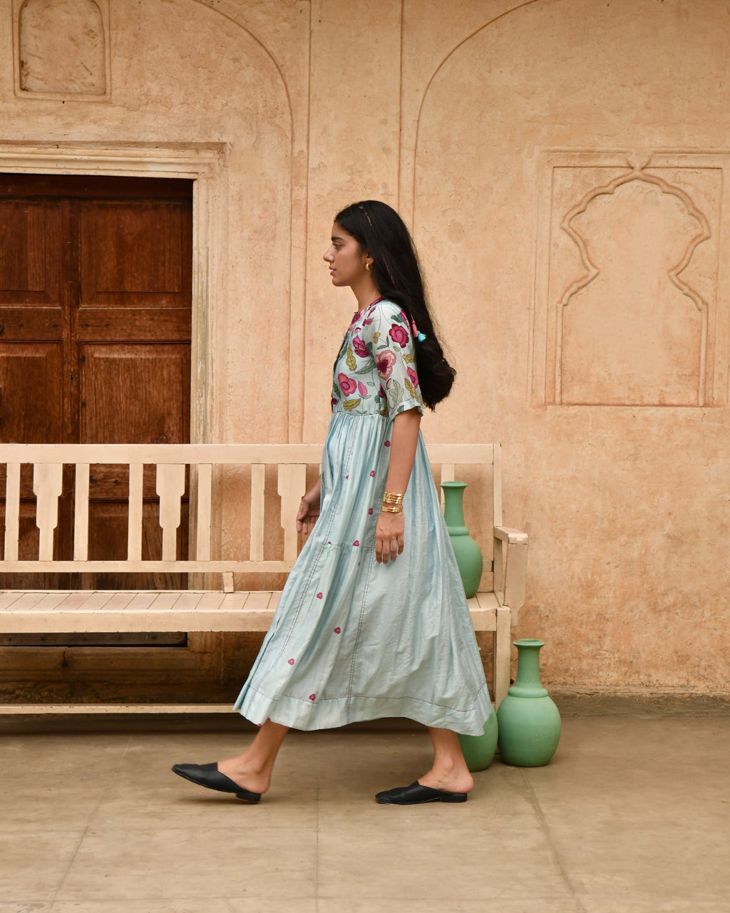 Blue Printed Midi Dress at Kamakhyaa by Taro. This item is Azo Free Dyes, Beads, Beads work, Blue, Chanderi Silk, Garden Of Dreams, July Sale, July Sale 2023, Midi Dresses, Office Wear, Prints, Regular Fit, Womenswear