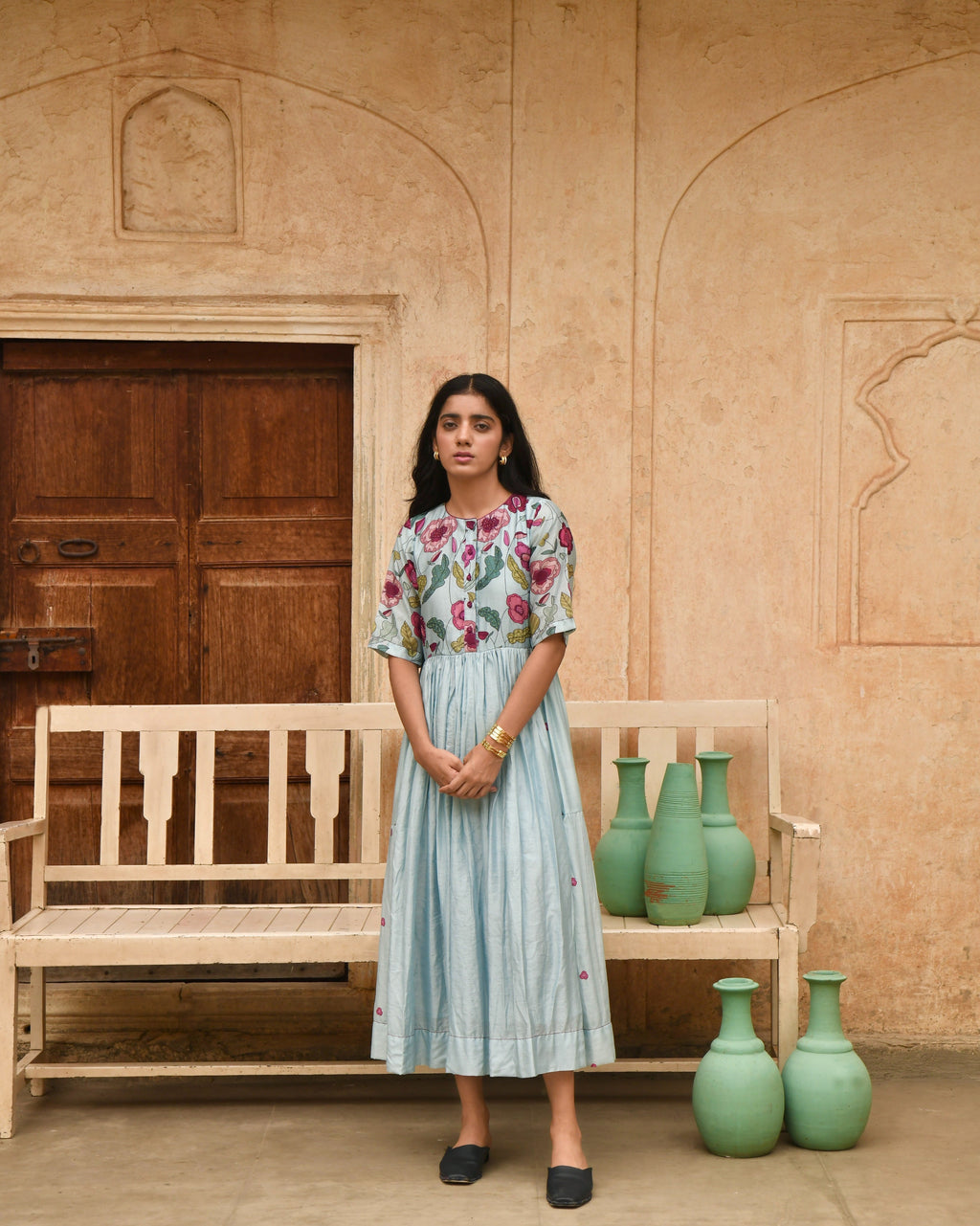 Blue Printed Midi Dress at Kamakhyaa by Taro. This item is Azo Free Dyes, Beads, Beads work, Blue, Chanderi Silk, Garden Of Dreams, July Sale, July Sale 2023, Midi Dresses, Office Wear, Prints, Regular Fit, Womenswear